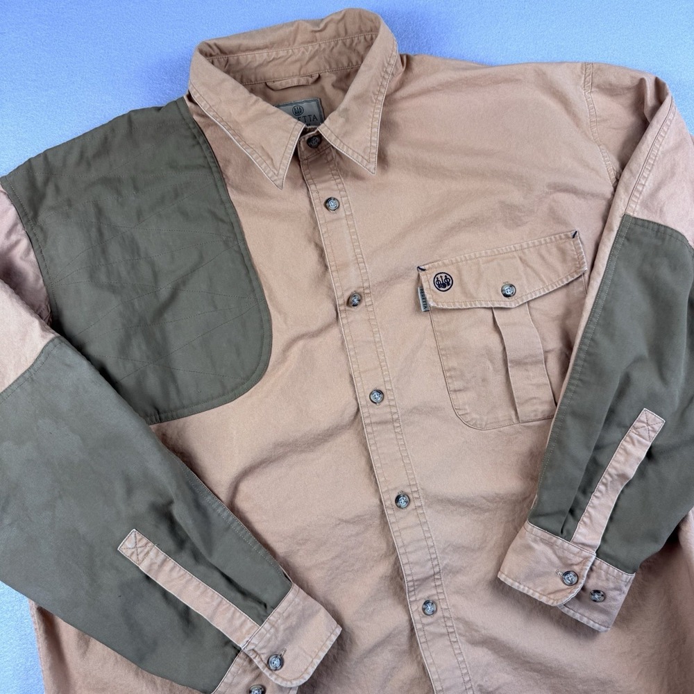 Vintage Beretta Shooting Shirt Men XXL Brown Pad Long Sleeve Hunting Logo Gorp